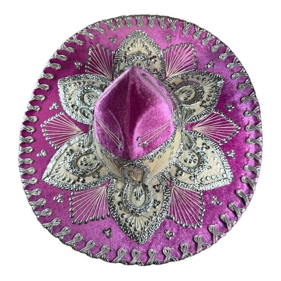 Pink Elaborate Genuine Mexico & Silver Mexican Sombrero Hat 6 3/4 Yepez Velvet - Picture 4 of 12